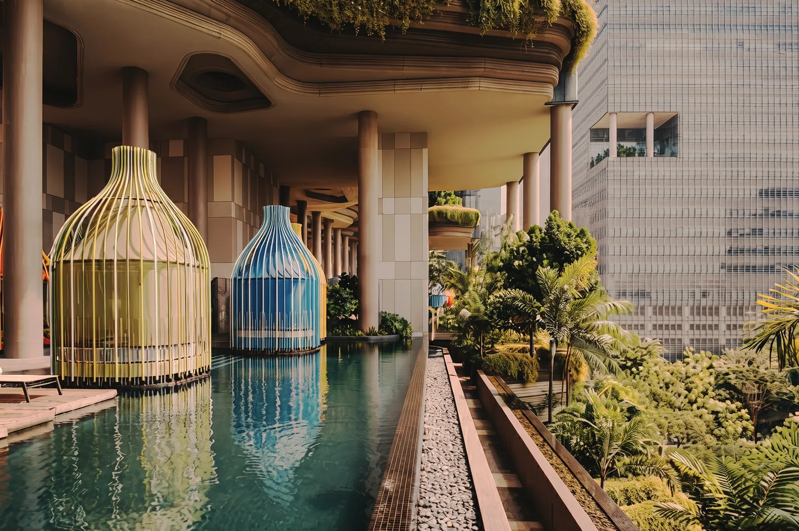 Architectural poolside area with colorful birdcage‑style cabanas and lush tropical greenery at a luxury eco‑hotel in Singapore.