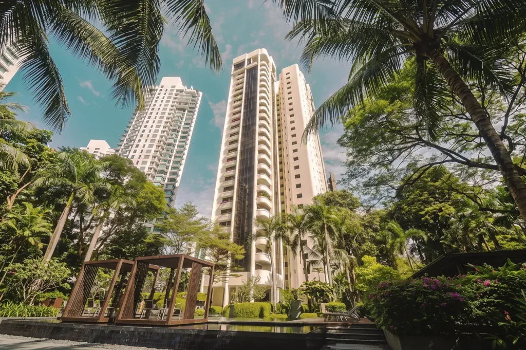 Novotel Living Singapore residential towers surrounded by tropical gardens, palm trees, and outdoor lounge spaces under blue skies.