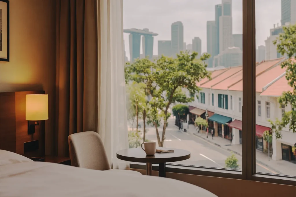 Cozy hotel room window view of traditional shop houses, lush street trees, and Marina Bay Sands skyscrapers in Singapore.