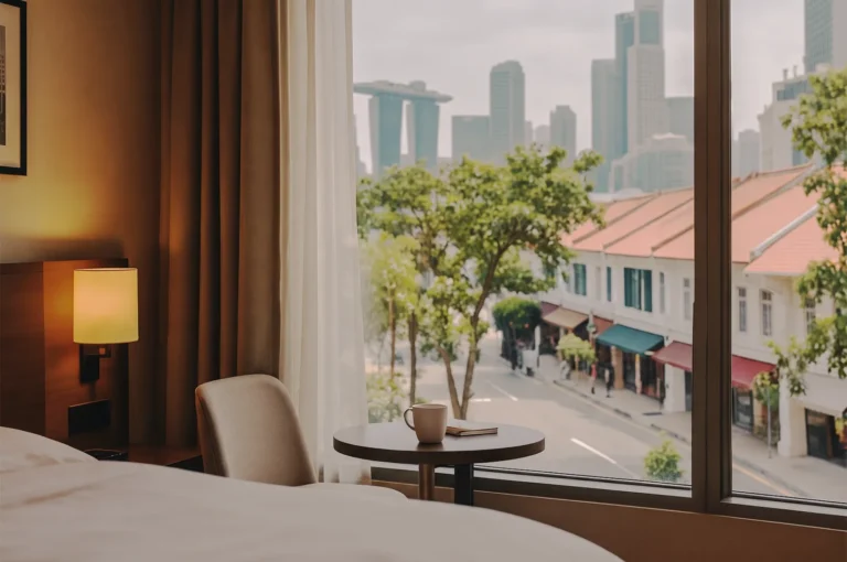 Cozy hotel room window view of traditional shop houses, lush street trees, and Marina Bay Sands skyscrapers in Singapore.
