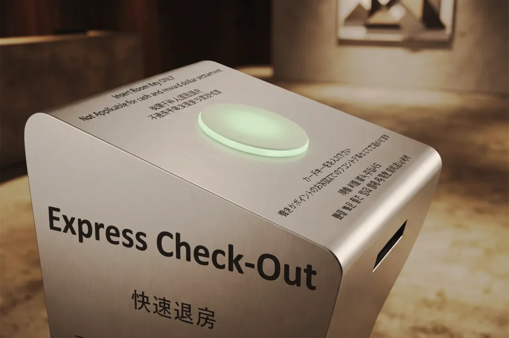 Brushed metal automated express check-out key drop kiosk with illuminated top button in a hotel lobby.
