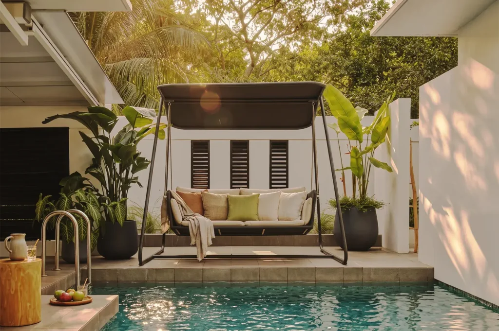 Private poolside lounge area with swing sofa, tropical plants, and modern minimalist design — relaxing villa setting in Singapore luxury resort.