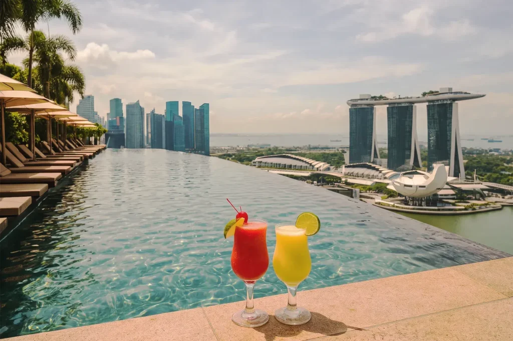 Luxury hotel exterior at sunset with elegant curved architecture, warm ambient lighting, landscaped gardens, and outdoor dining terrace in Singapore