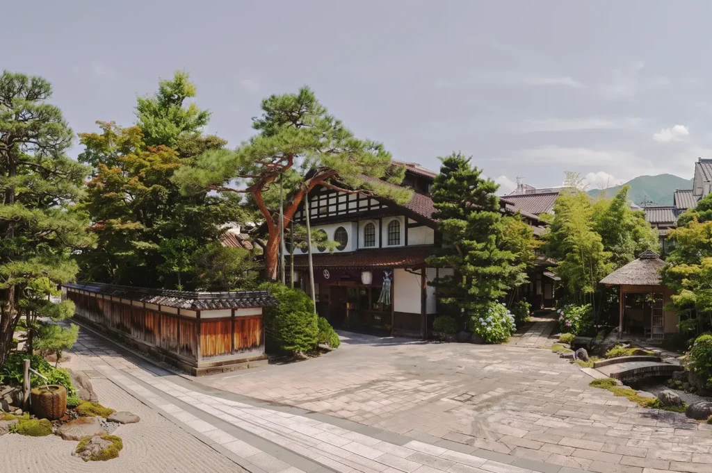 Exterior view of a traditional Japanese ryokan surrounded by lush greenery, featuring wooden architecture, tiled roofs, and a serene stone courtyard in Japan.